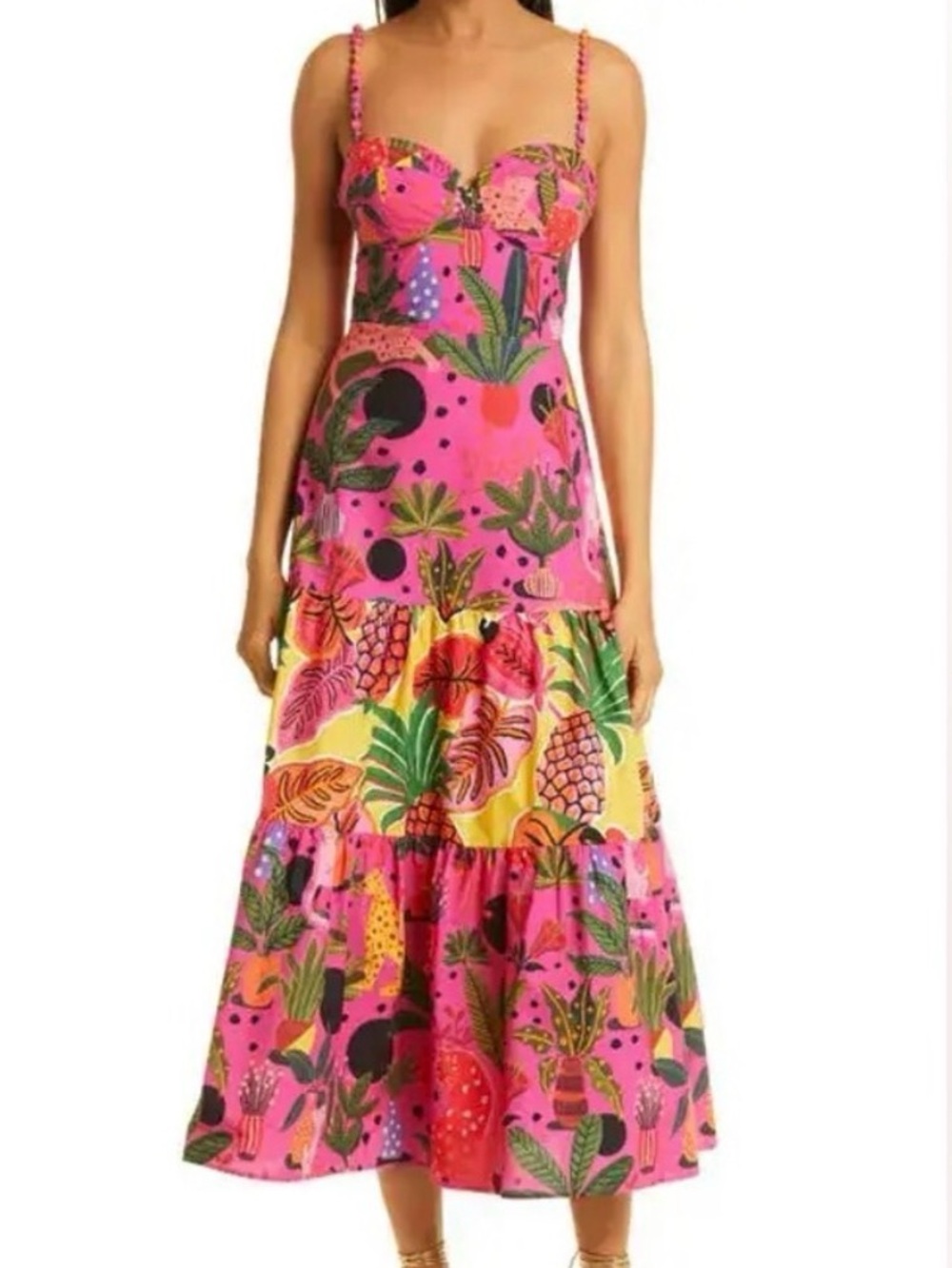 FARM Rio Pink and Yellow Tropical Tiered Midi Skirt